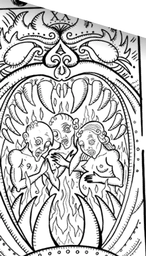 Κάρτα tarot «Judgement» σε χαρακτικό ύφος: τρεις μορφές μέσα σε στόμα με δόντια και φλόγες.