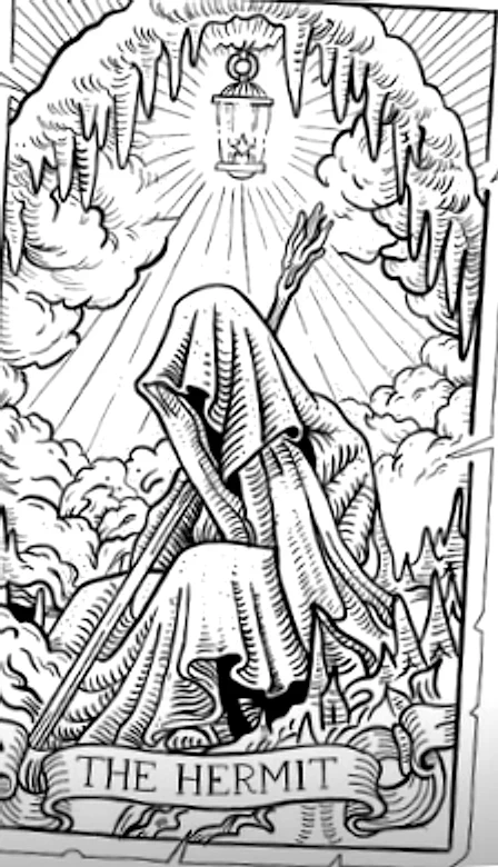 Κάρτα tarot «The Hermit» σε χαρακτικό ύφος: σκεπασμένη μορφή με ραβδί κάτω από φανάρι σε σπηλιά.